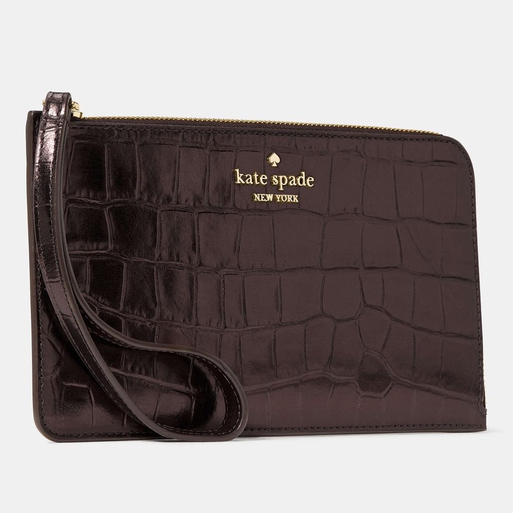 NWT Kate Spade Lucy Croc Embossed Medium L-Zip Wristlet, Hot Fudge - Picture 2 of 8